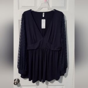 Black Asymmetrical Ruffled Long Sleeve Blouse